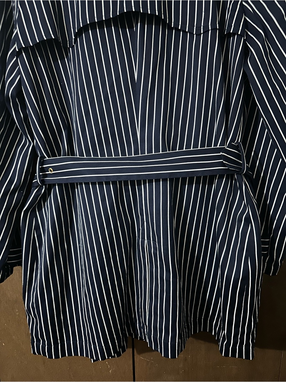 Lauren Ralph Lauren Navy White Stripes 100% Cotton Belted Trench Pea Coat Sz XL - Picture 9 of 14